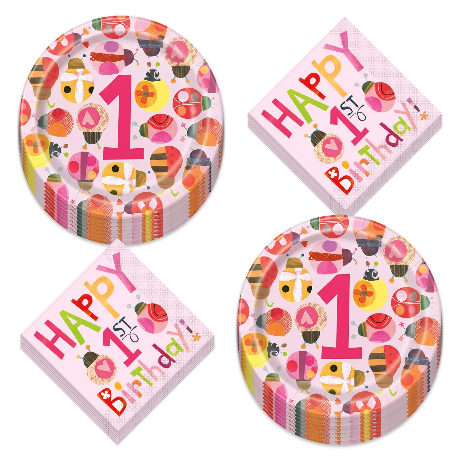 1st Birthday Pink Ladybug Paper Dinner Plates and Luncheon Napkins (Serves 16)