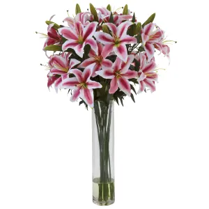 34" Artificial Rubrum Lily Arrangement w/Large Cylinder - Low Maintenance, Life-Like & Vibrant Silk Flowers For Busy People.