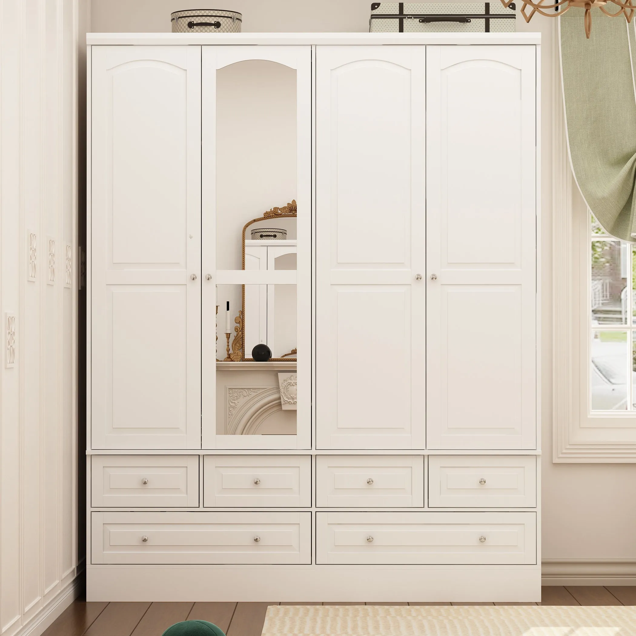 63" W Elegant White Armoire Wardrobe with Mirror, 4 Doors, and 6 Drawers