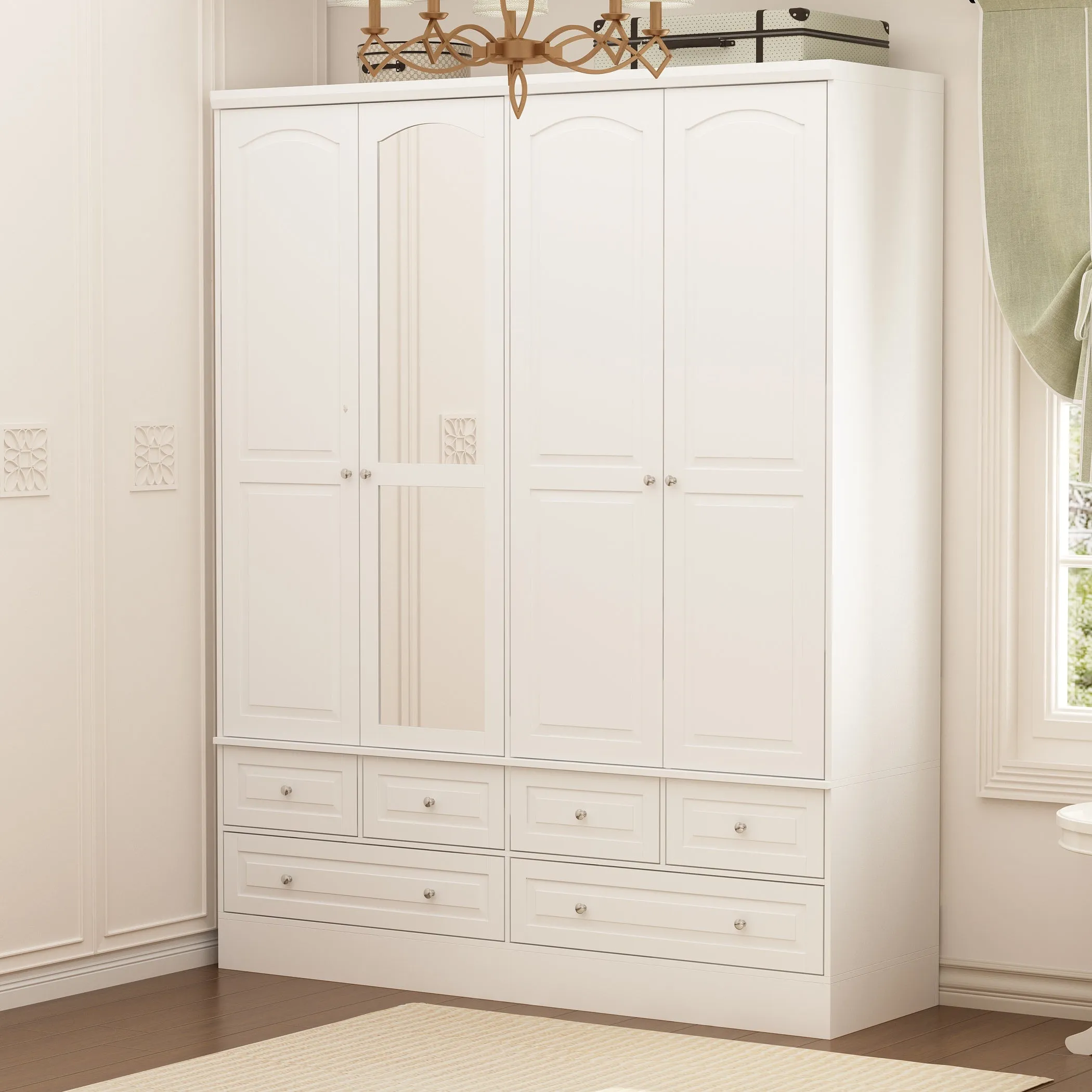 63" W Elegant White Armoire Wardrobe with Mirror, 4 Doors, and 6 Drawers