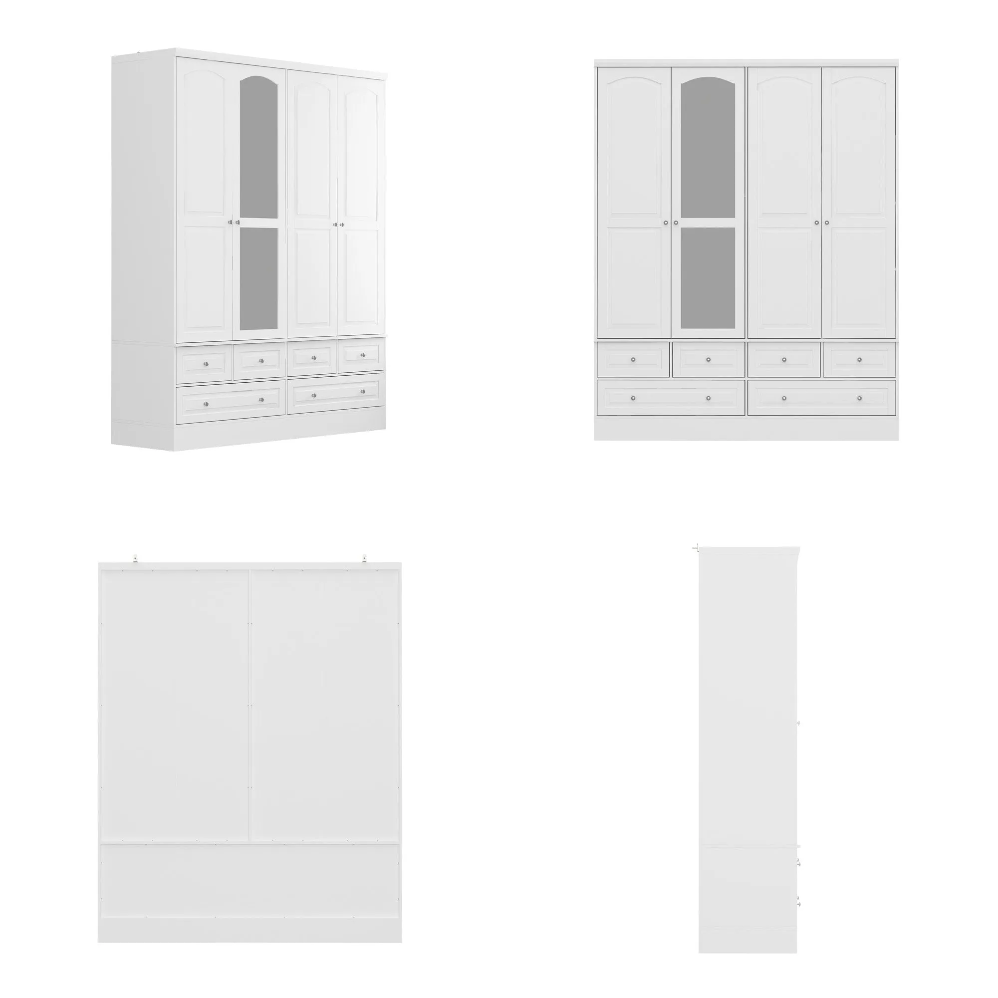 63" W Elegant White Armoire Wardrobe with Mirror, 4 Doors, and 6 Drawers