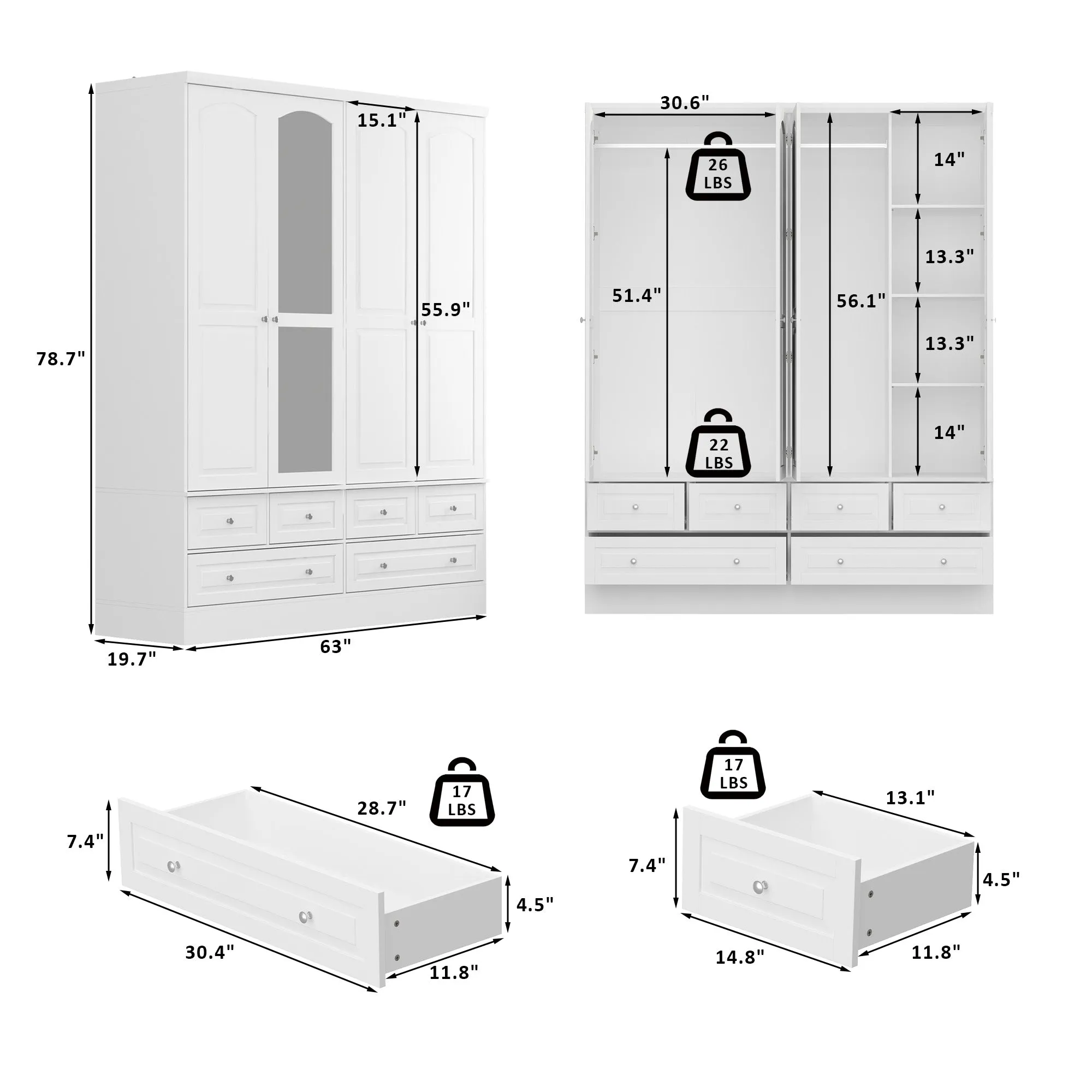 63" W Elegant White Armoire Wardrobe with Mirror, 4 Doors, and 6 Drawers