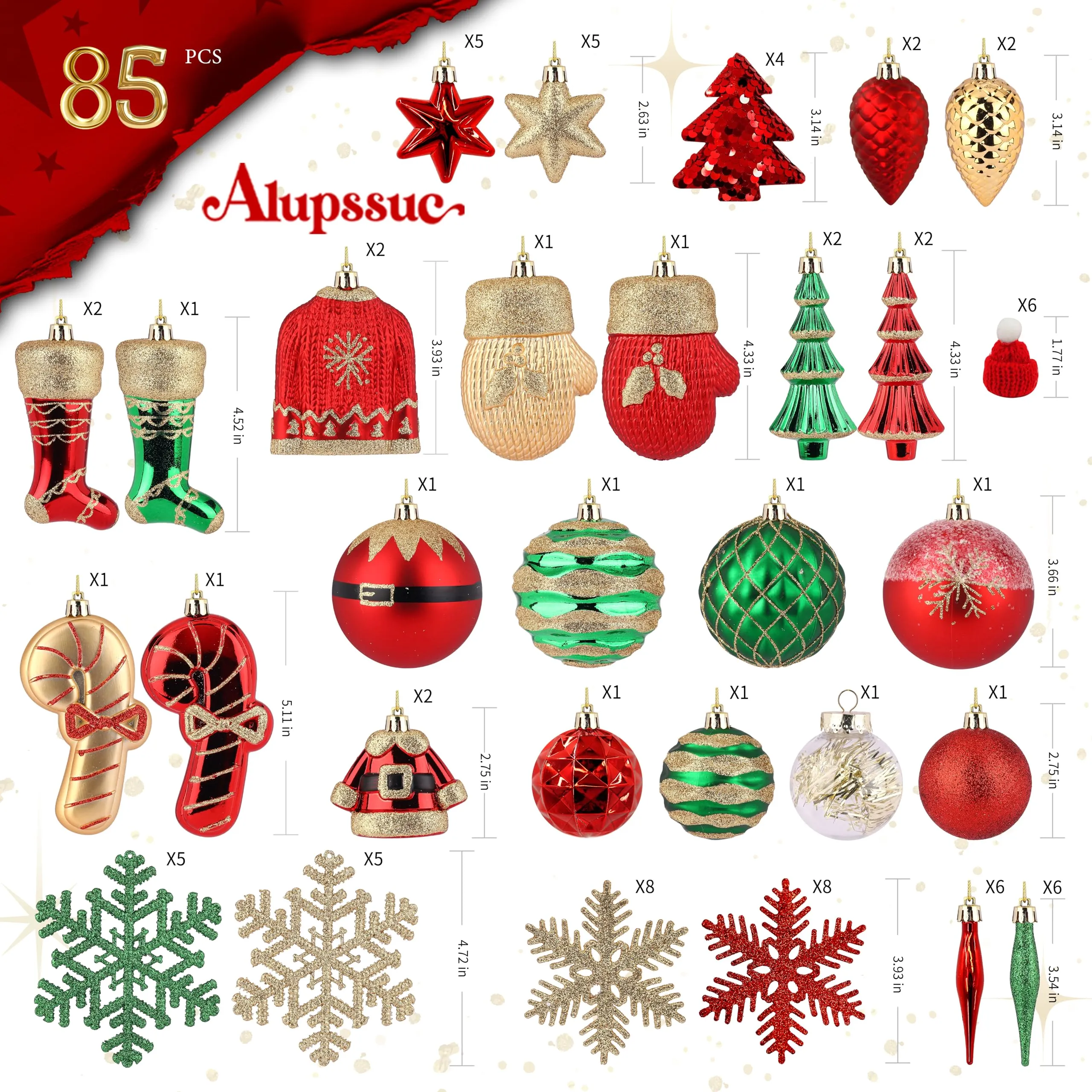 85ct RedGreenGold Christmas Balls Ornaments Set with Hanging Strings