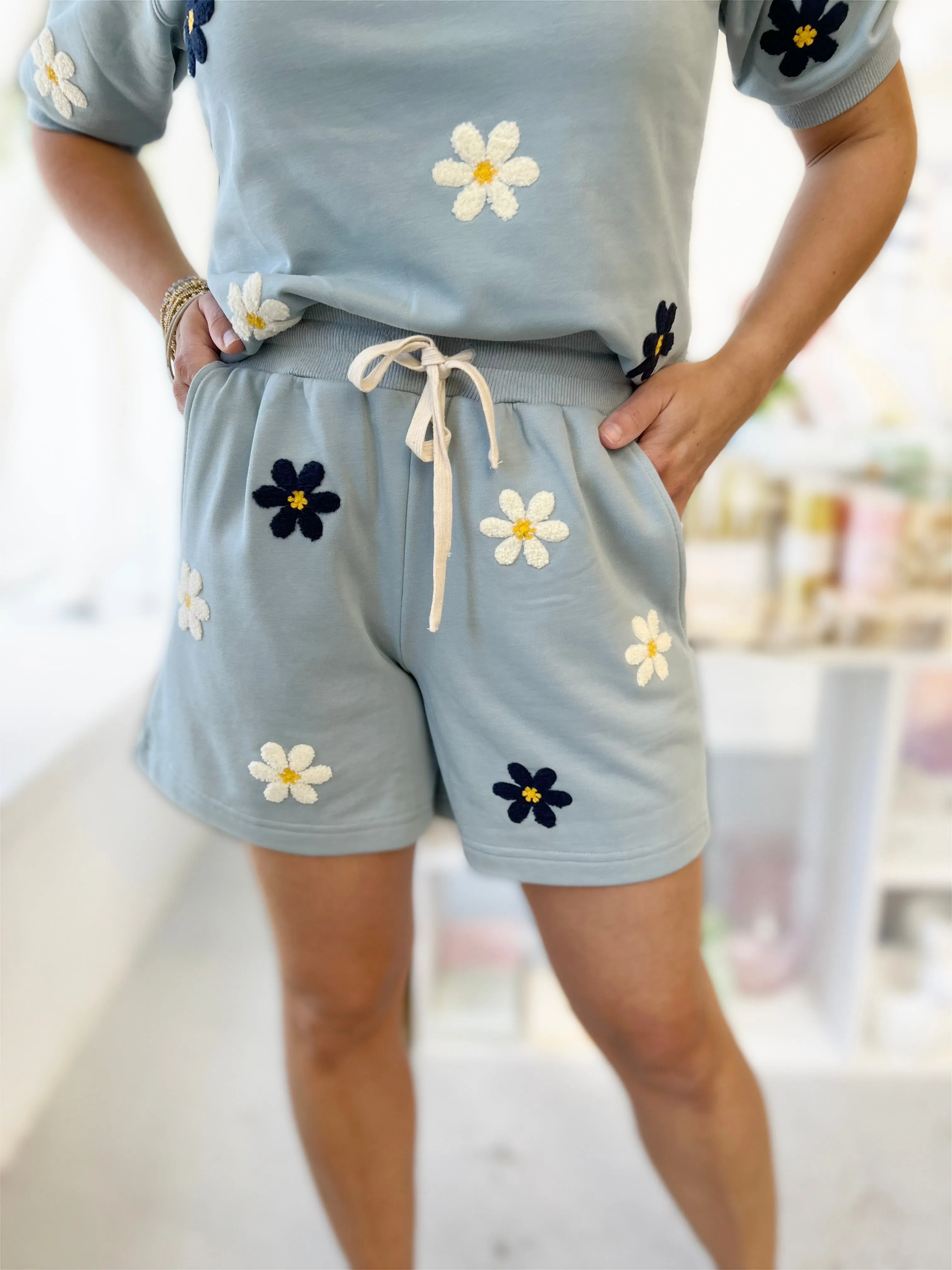 Baby Blue Floral Embroidered Sweatshorts