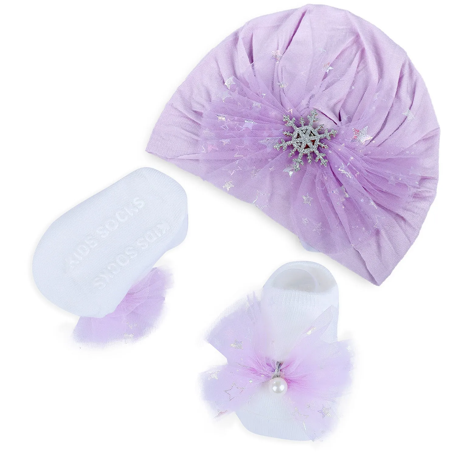 Baby Moo Elegant Pearl Matching Cap And Socks Set - Purple