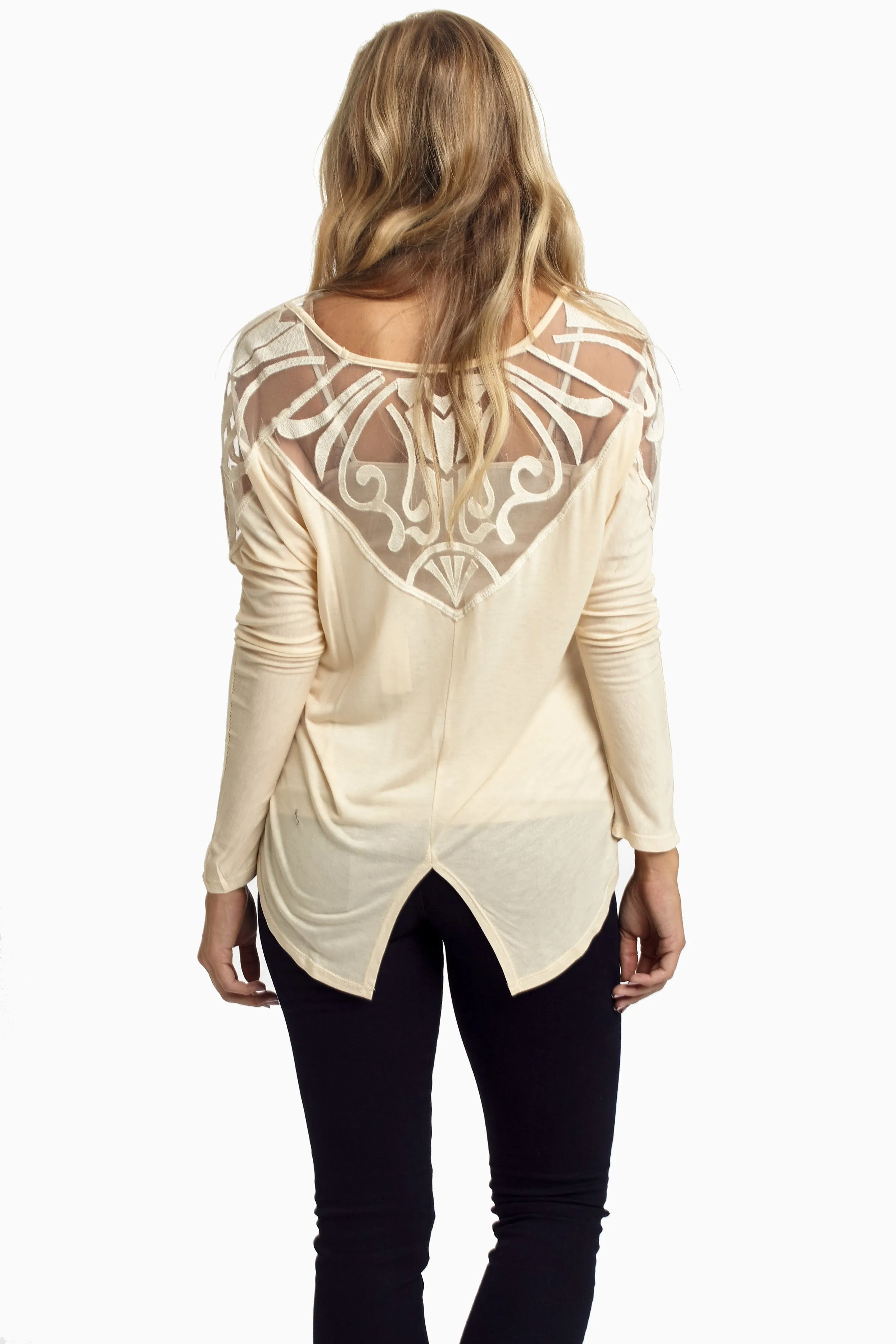 Beige Embroidered Mesh Back Top