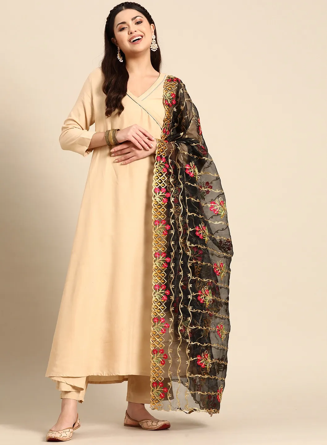 Black Embroidered Organza Dupatta with Zari Details