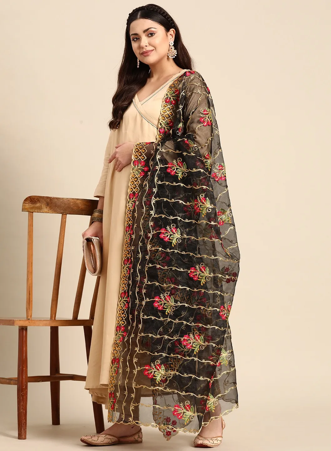 Black Embroidered Organza Dupatta with Zari Details