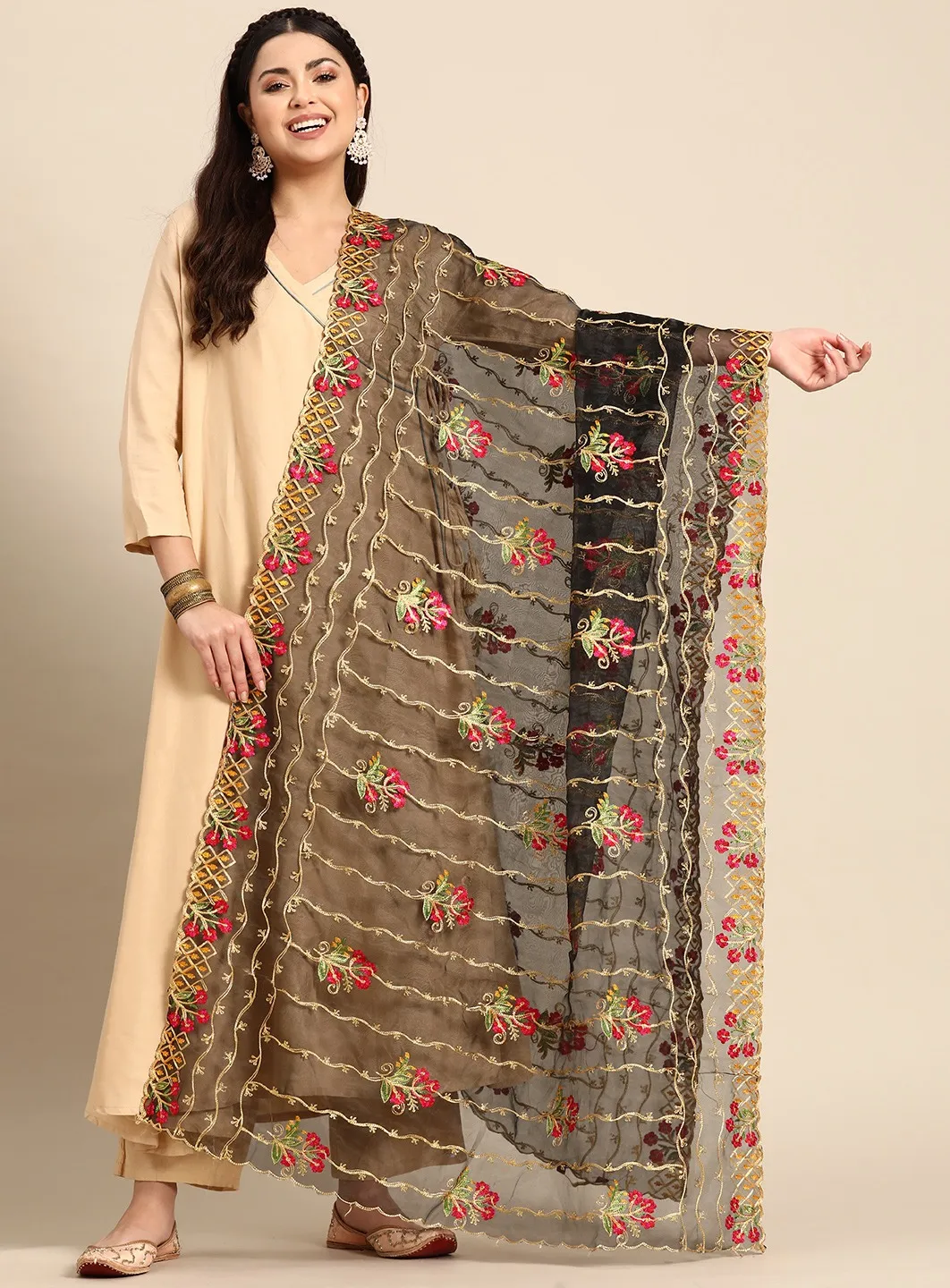 Black Embroidered Organza Dupatta with Zari Details