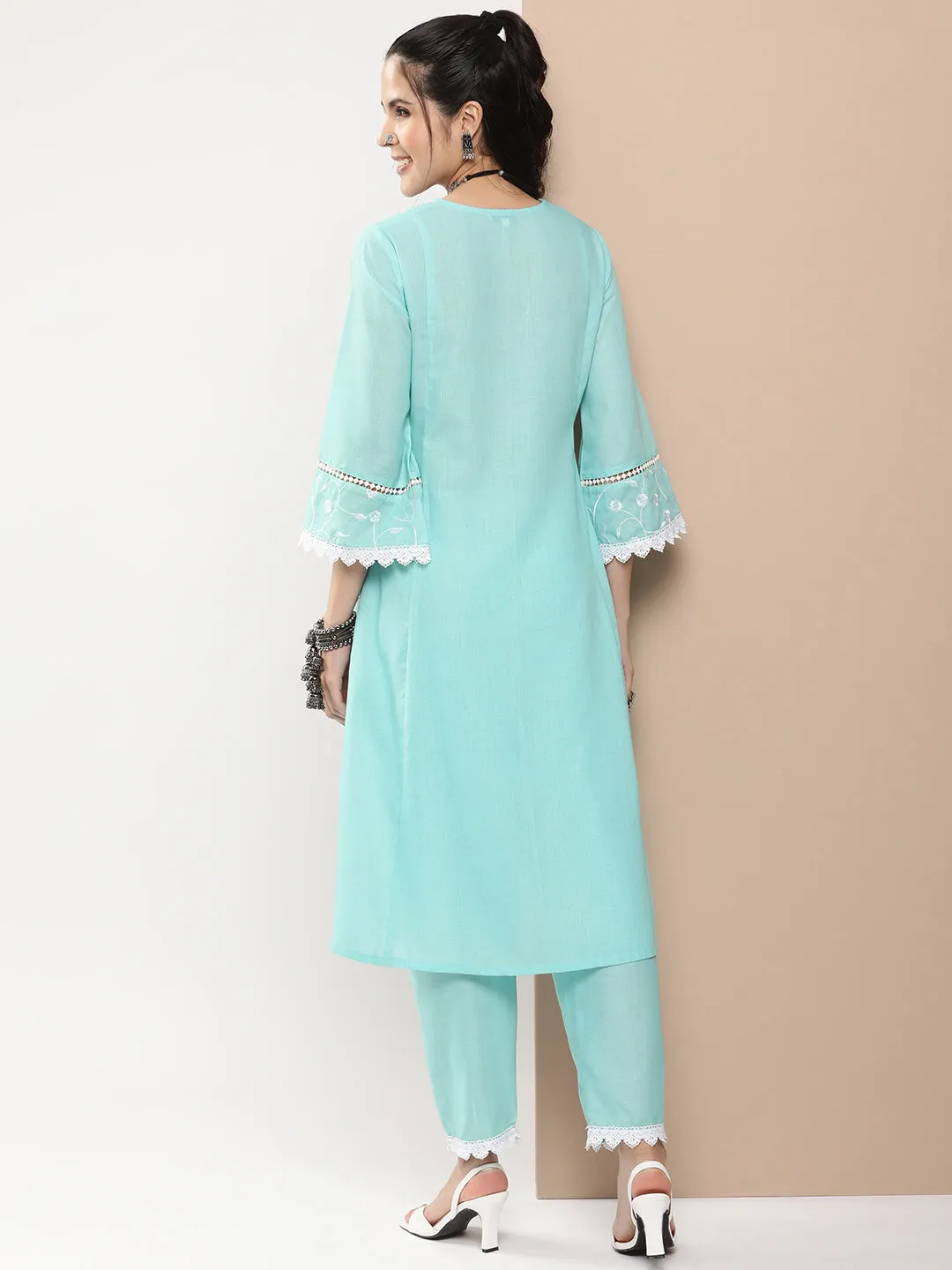 Blue Embroidered Straight Kurta With Lace Details With Blue Solid Palazzos.