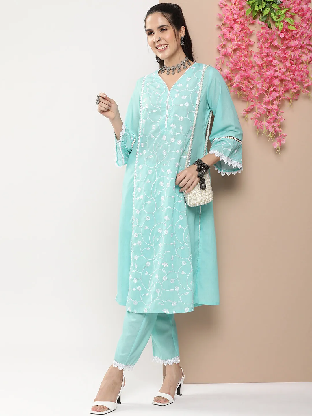 Blue Embroidered Straight Kurta With Lace Details With Blue Solid Palazzos.