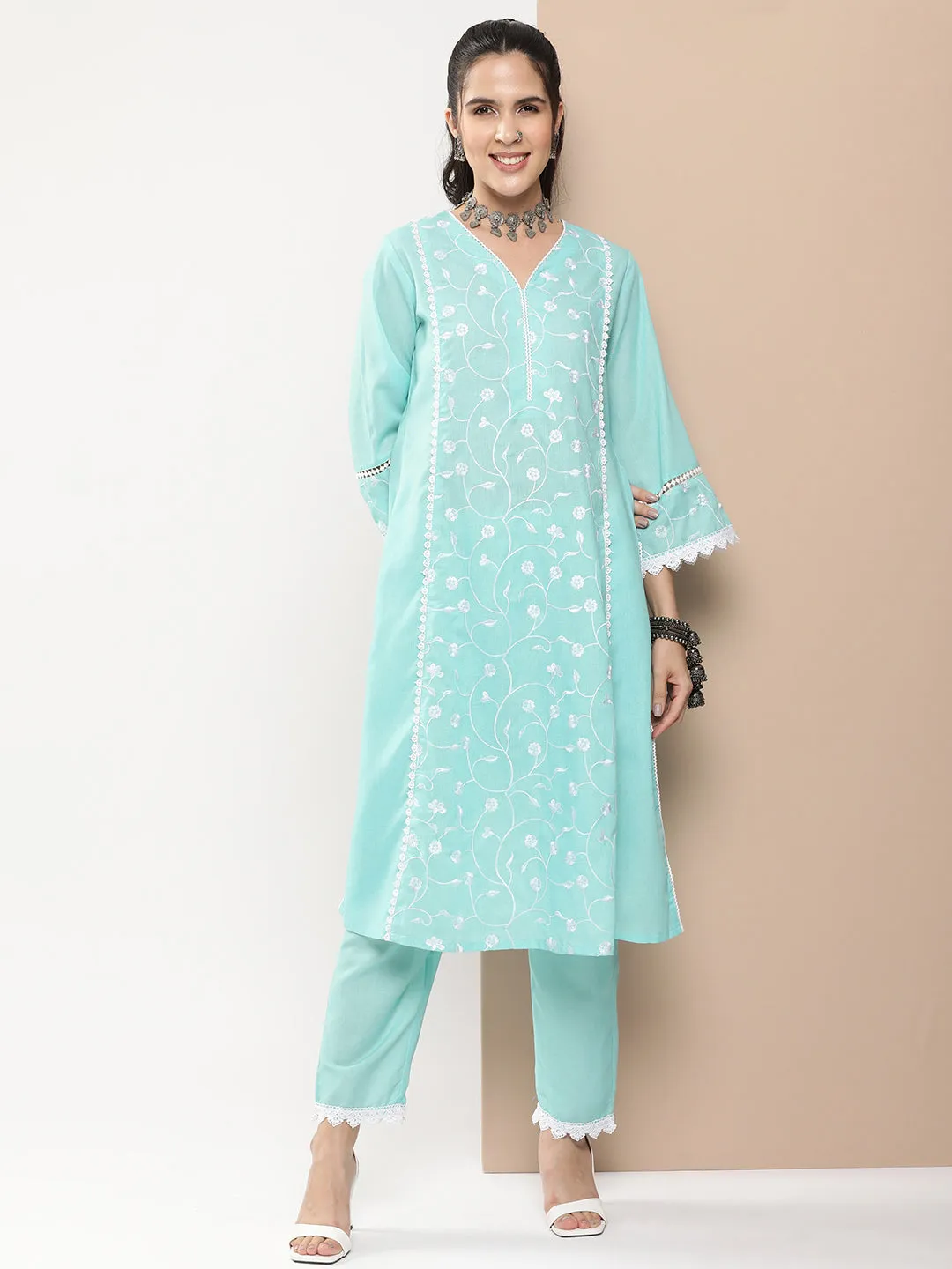 Blue Embroidered Straight Kurta With Lace Details With Blue Solid Palazzos.