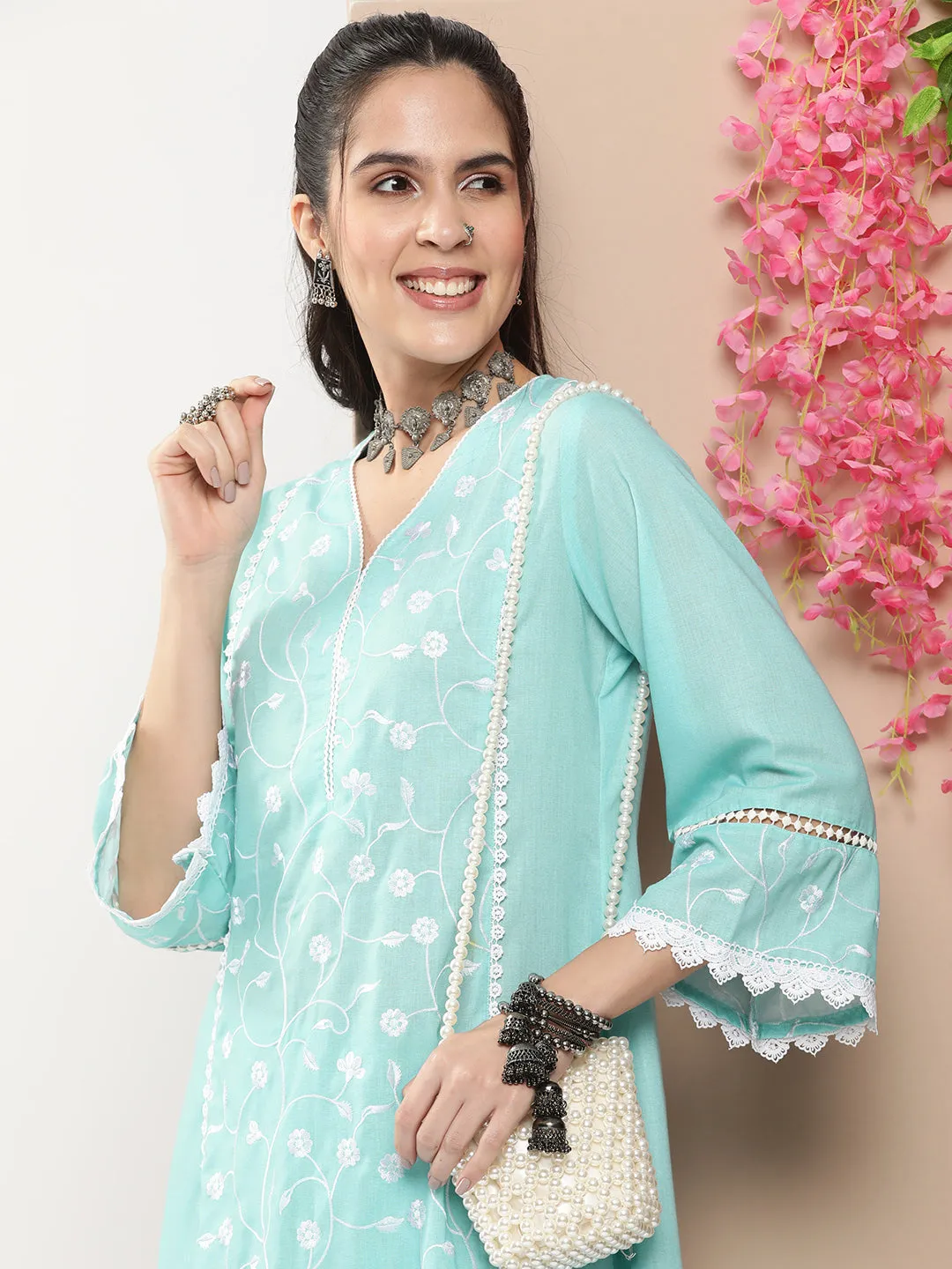 Blue Embroidered Straight Kurta With Lace Details With Blue Solid Palazzos.