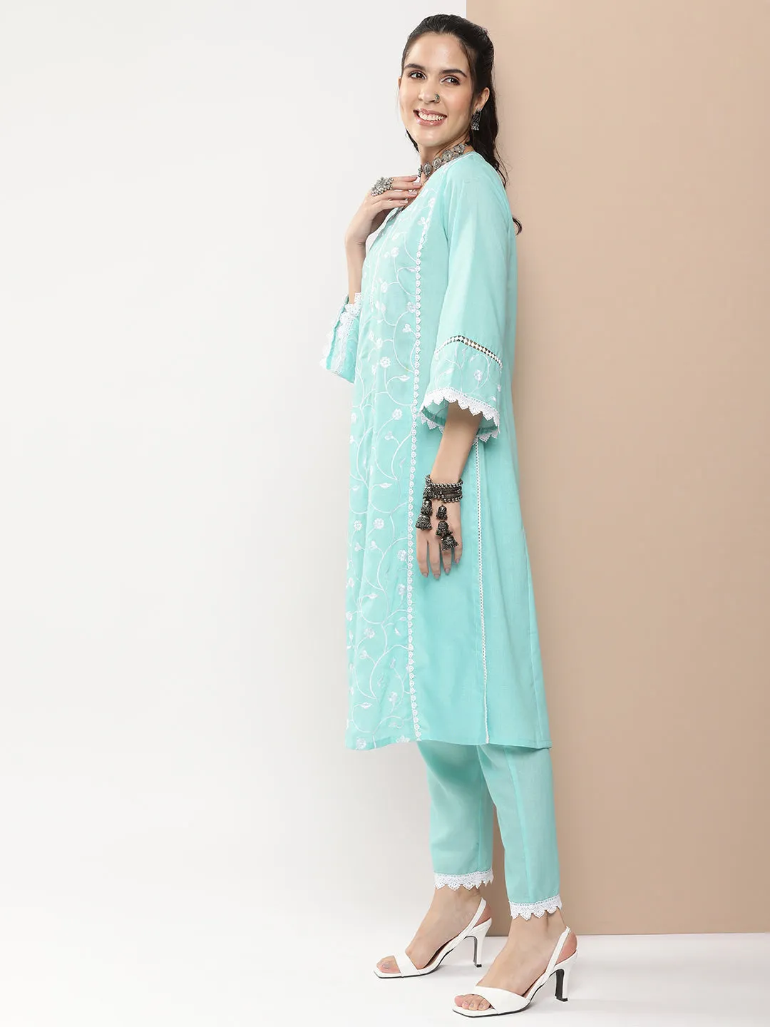 Blue Embroidered Straight Kurta With Lace Details With Blue Solid Palazzos.