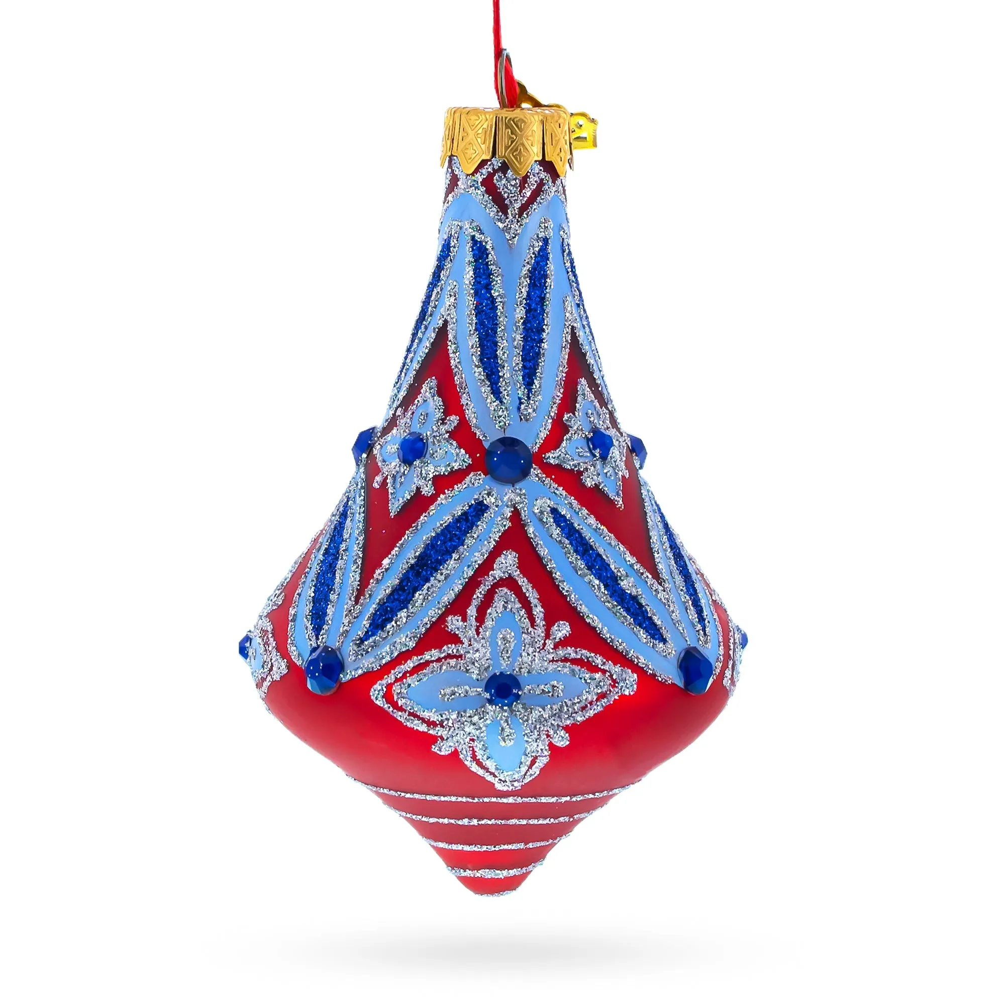 Blue Geometrical Pattern Glass Bell Finial Christmas Ornament