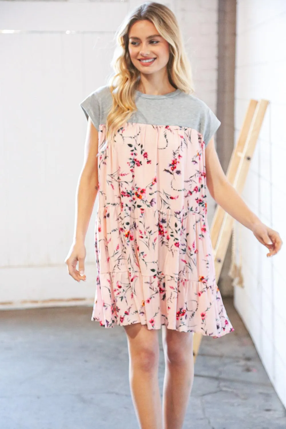 Blush Floral Heather Grey Tiered Ruffle Hem Dress