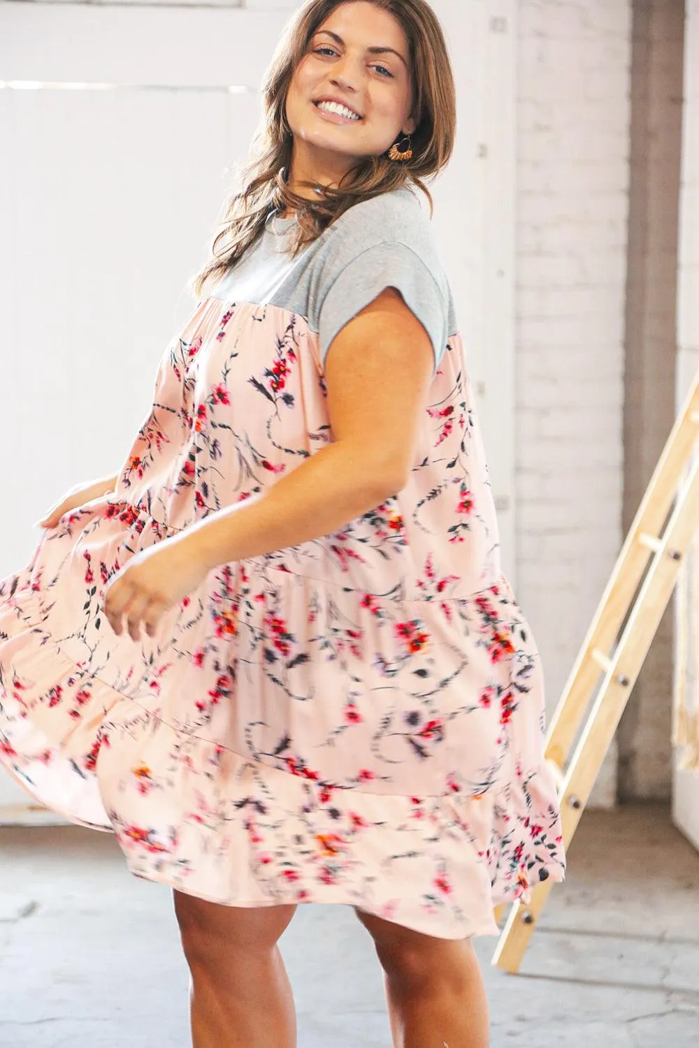 Blush Floral Heather Grey Tiered Ruffle Hem Dress