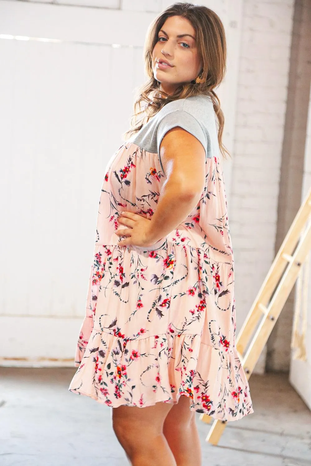 Blush Floral Heather Grey Tiered Ruffle Hem Dress