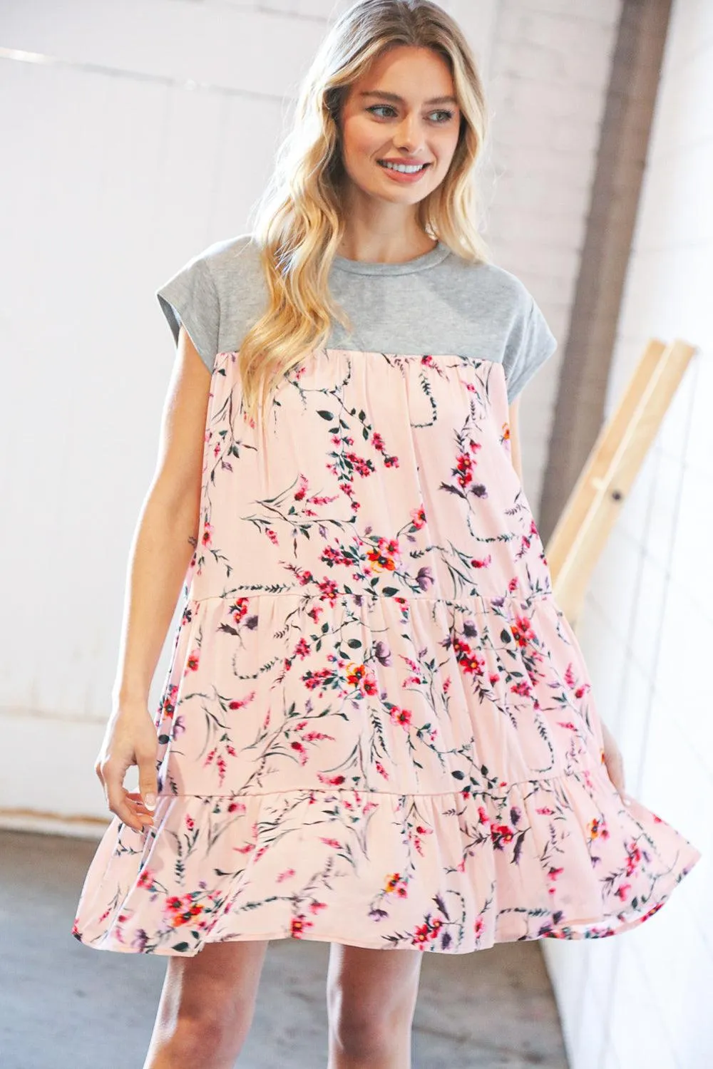 Blush Floral Heather Grey Tiered Ruffle Hem Dress