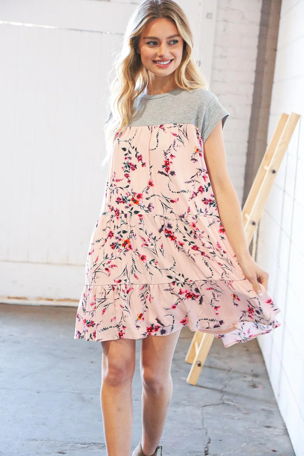 Blush Floral Heather Grey Tiered Ruffle Hem Dress