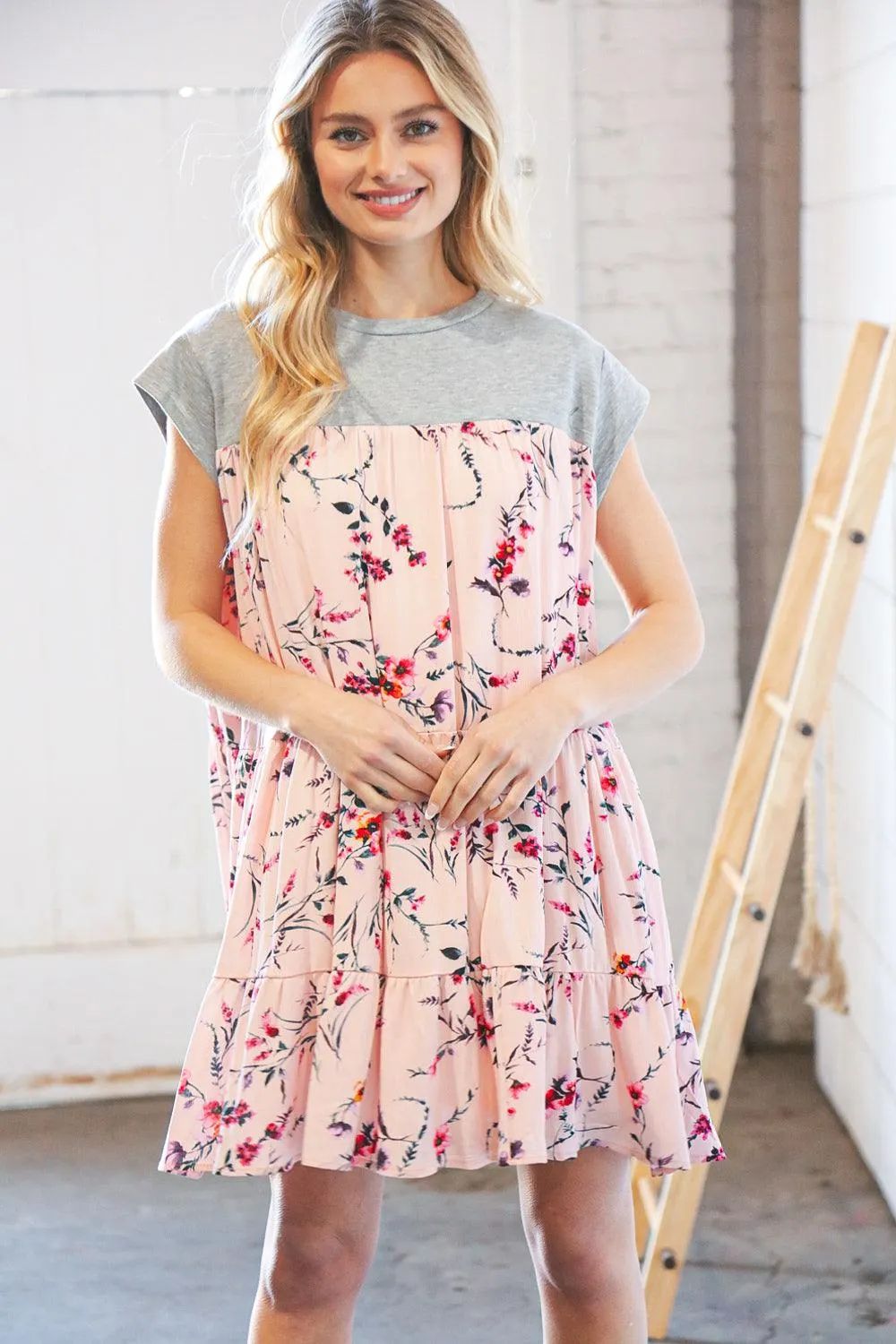 Blush Floral Heather Grey Tiered Ruffle Hem Dress