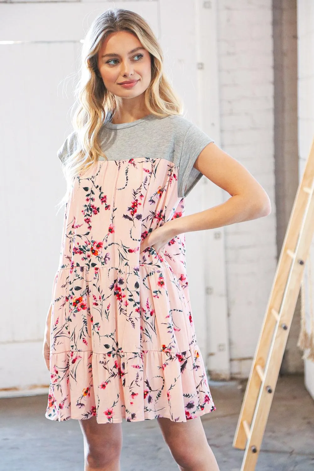 Blush Floral Heather Grey Tiered Ruffle Hem Dress