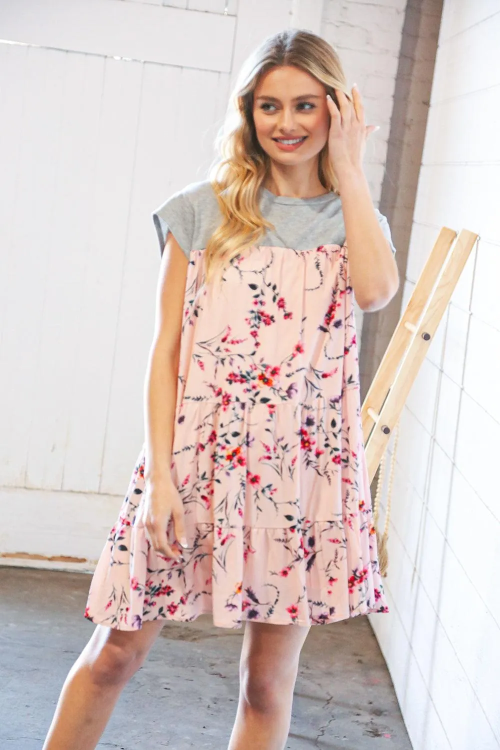 Blush Floral Heather Grey Tiered Ruffle Hem Dress