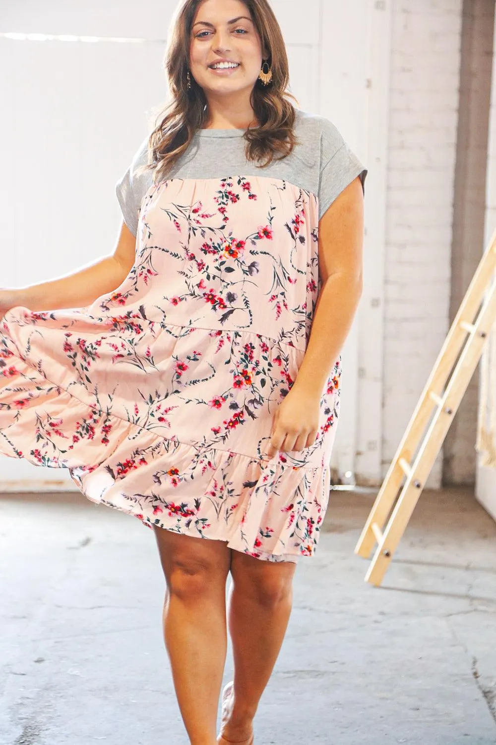 Blush Floral Heather Grey Tiered Ruffle Hem Dress