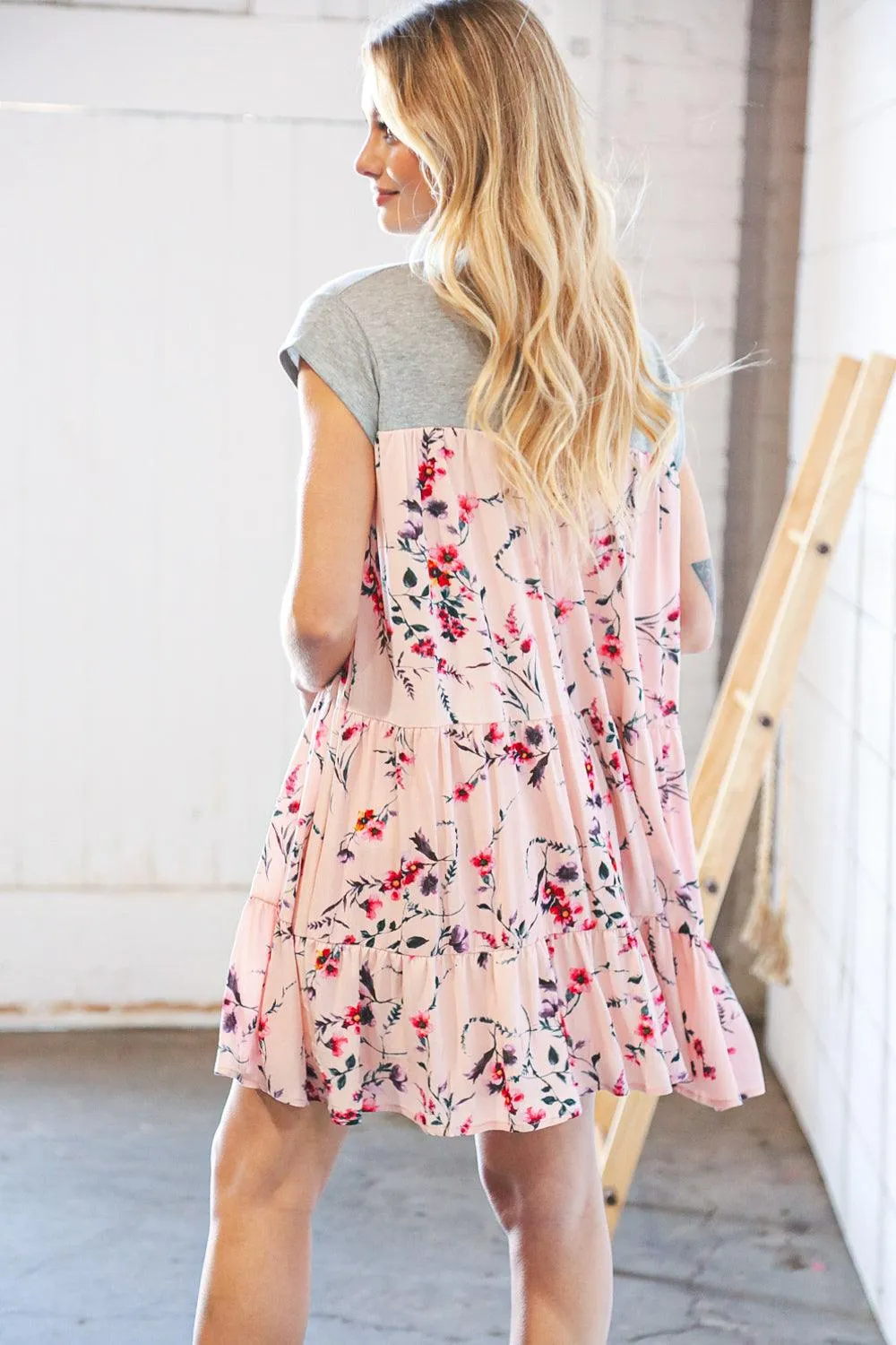 Blush Floral Heather Grey Tiered Ruffle Hem Dress