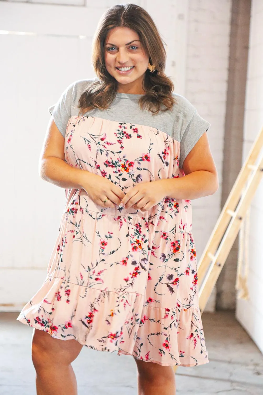 Blush Floral Heather Grey Tiered Ruffle Hem Dress