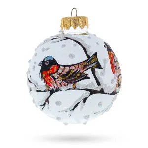 Charming Birds On A Snowy Branch - Blown Glass Ball Christmas Ornament 3.25 Inches