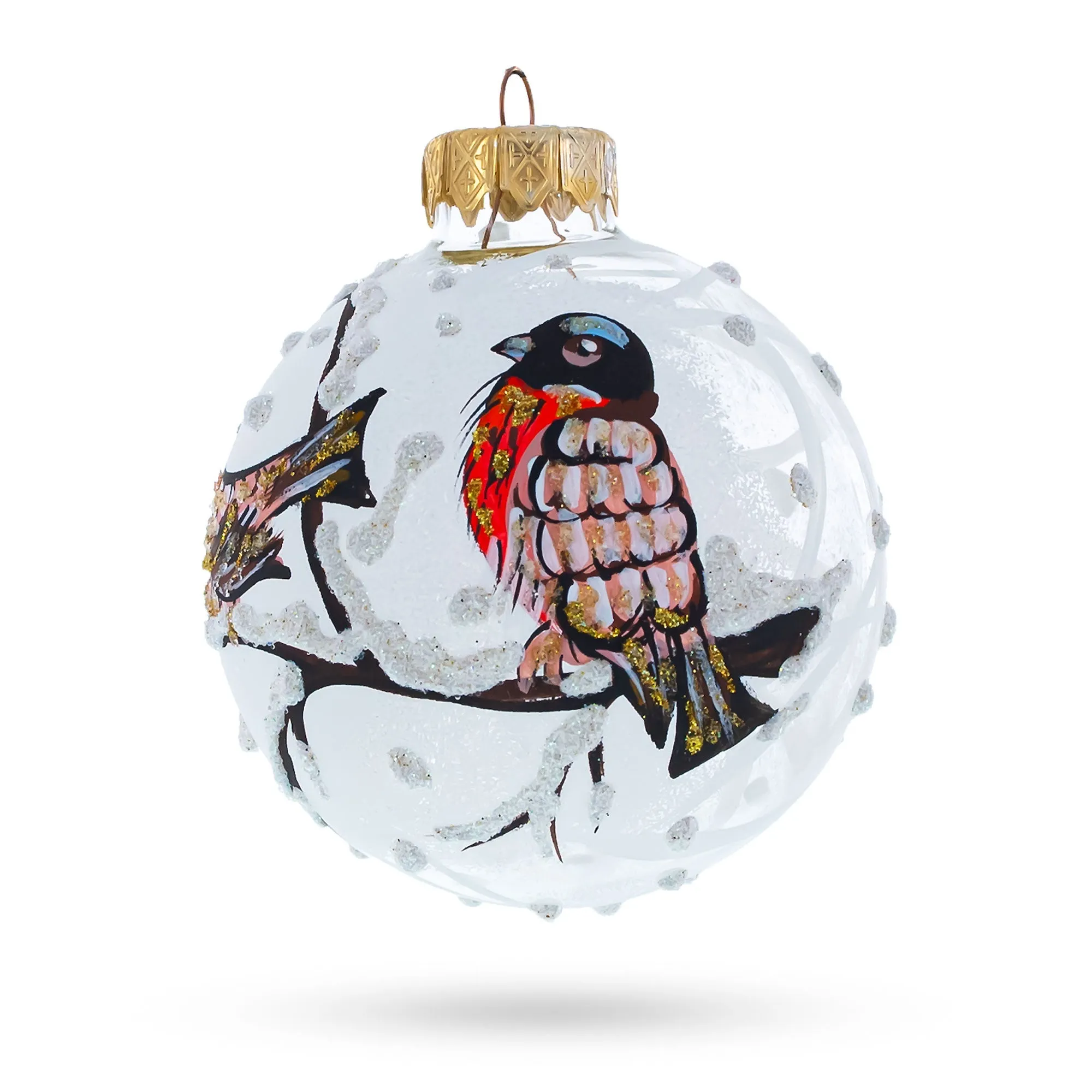 Charming Birds On A Snowy Branch - Blown Glass Ball Christmas Ornament 3.25 Inches