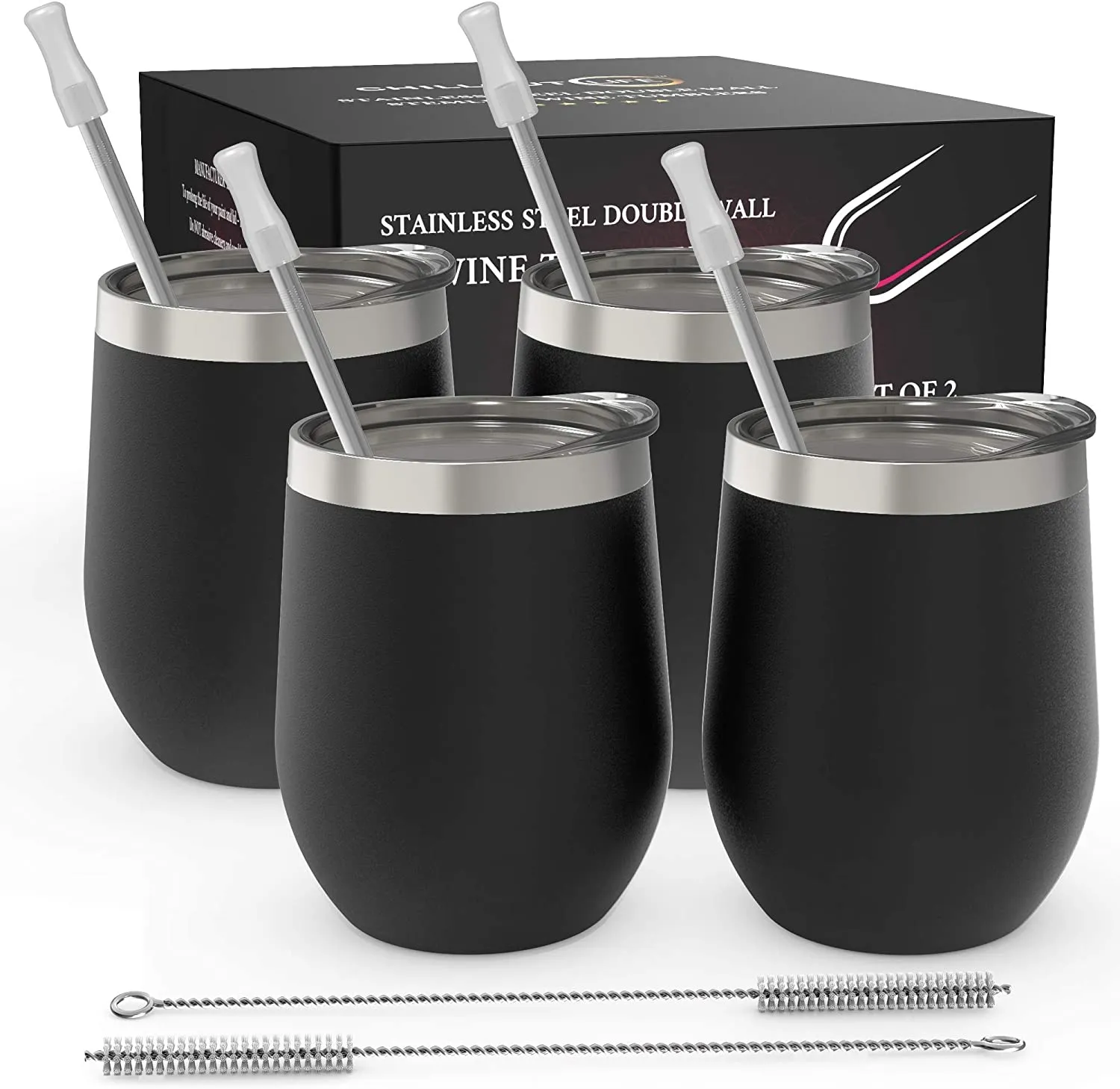 CHILLOUT LIFE 12 oz Stainless Steel Stemless Wine Tumbler with Lids and Straw 4 Pack