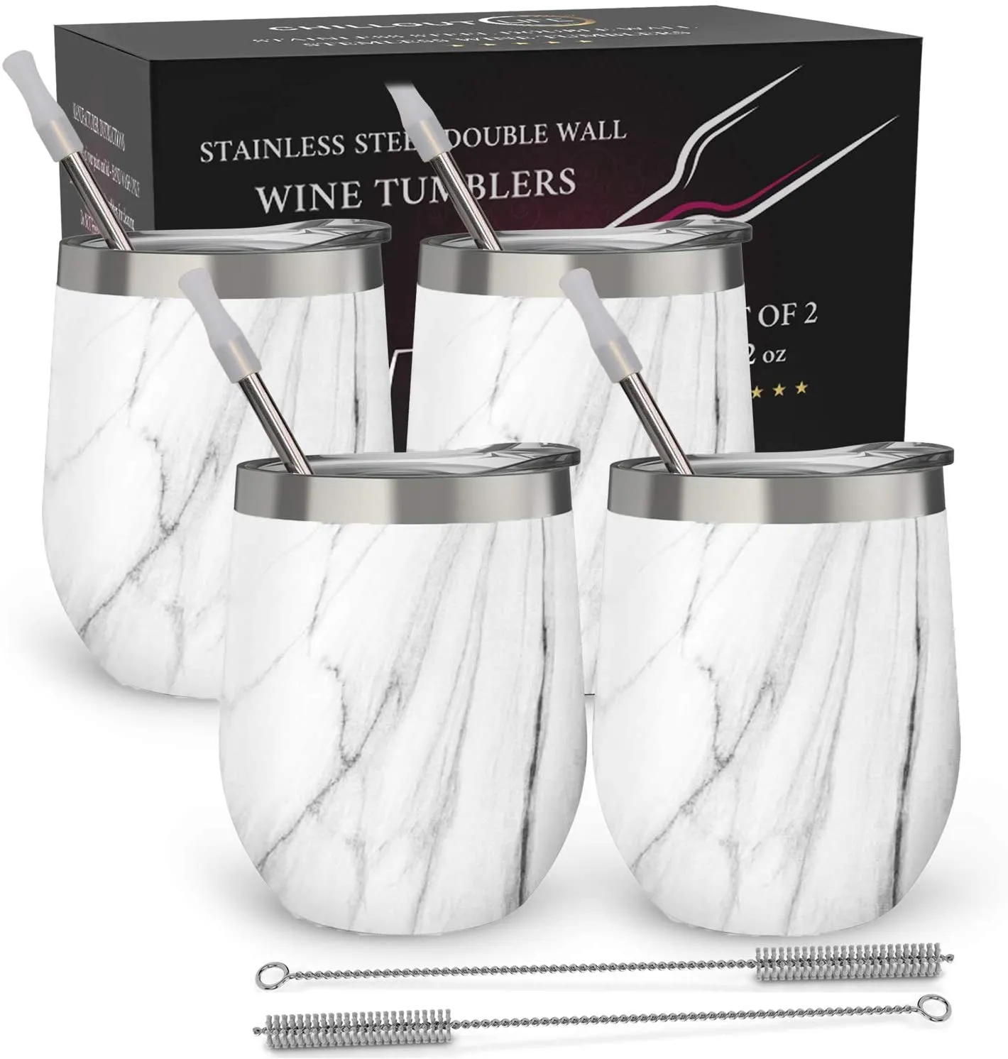 CHILLOUT LIFE 12 oz Stainless Steel Stemless Wine Tumbler with Lids and Straw 4 Pack