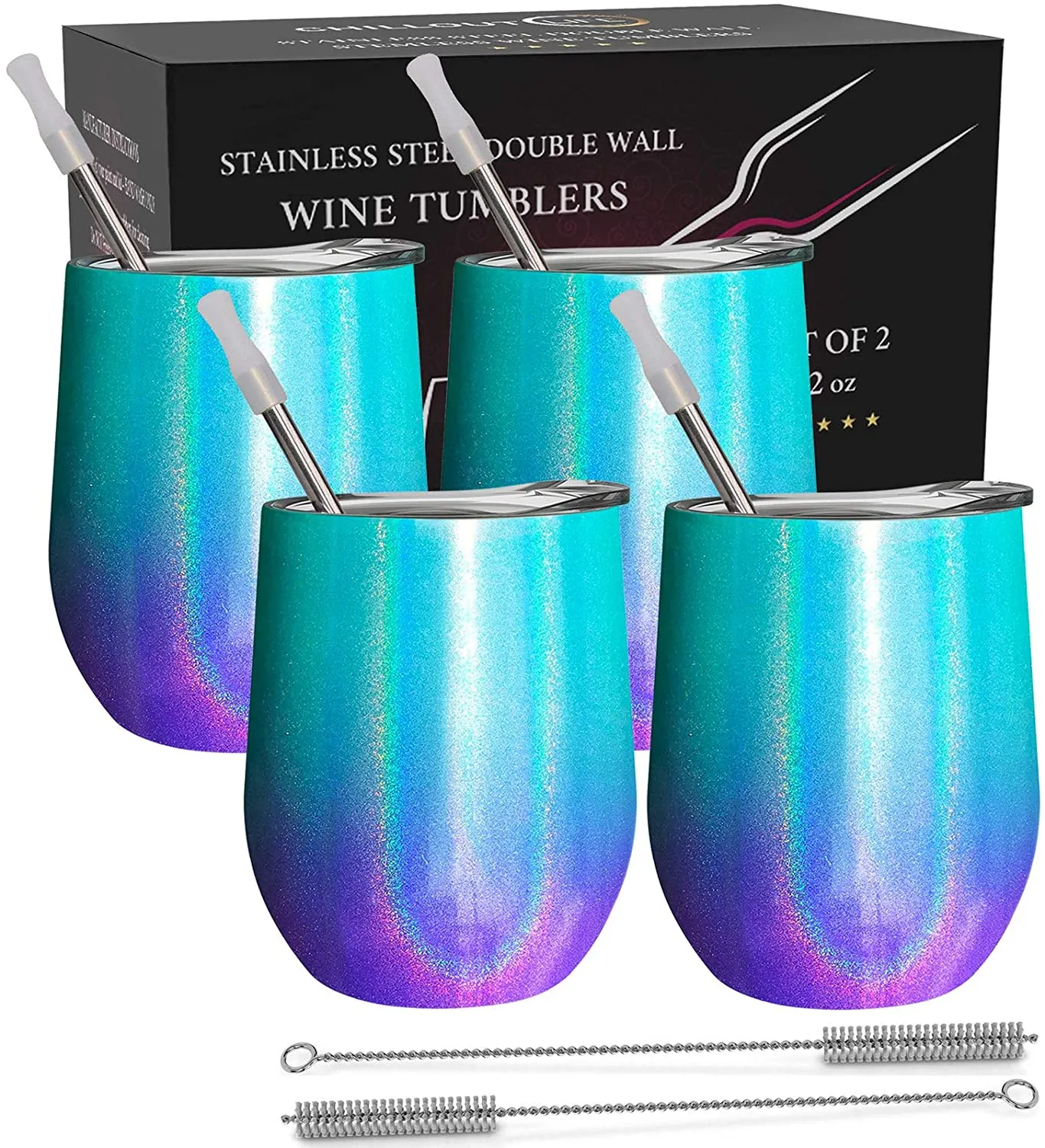 CHILLOUT LIFE 12 oz Stainless Steel Stemless Wine Tumbler with Lids and Straw 4 Pack