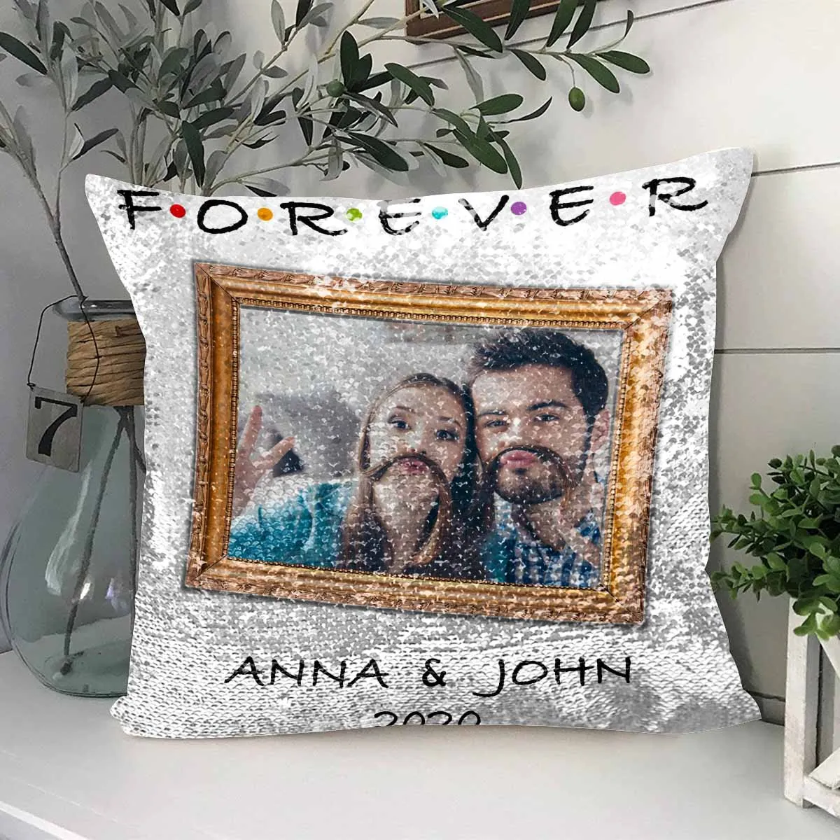 Custom Couple Photo&Name Sequin Pillow Case Personalized Pillow Cover 15.7" x 15.7"