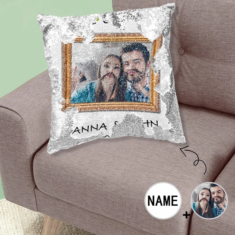 Custom Couple Photo&Name Sequin Pillow Case Personalized Pillow Cover 15.7" x 15.7"