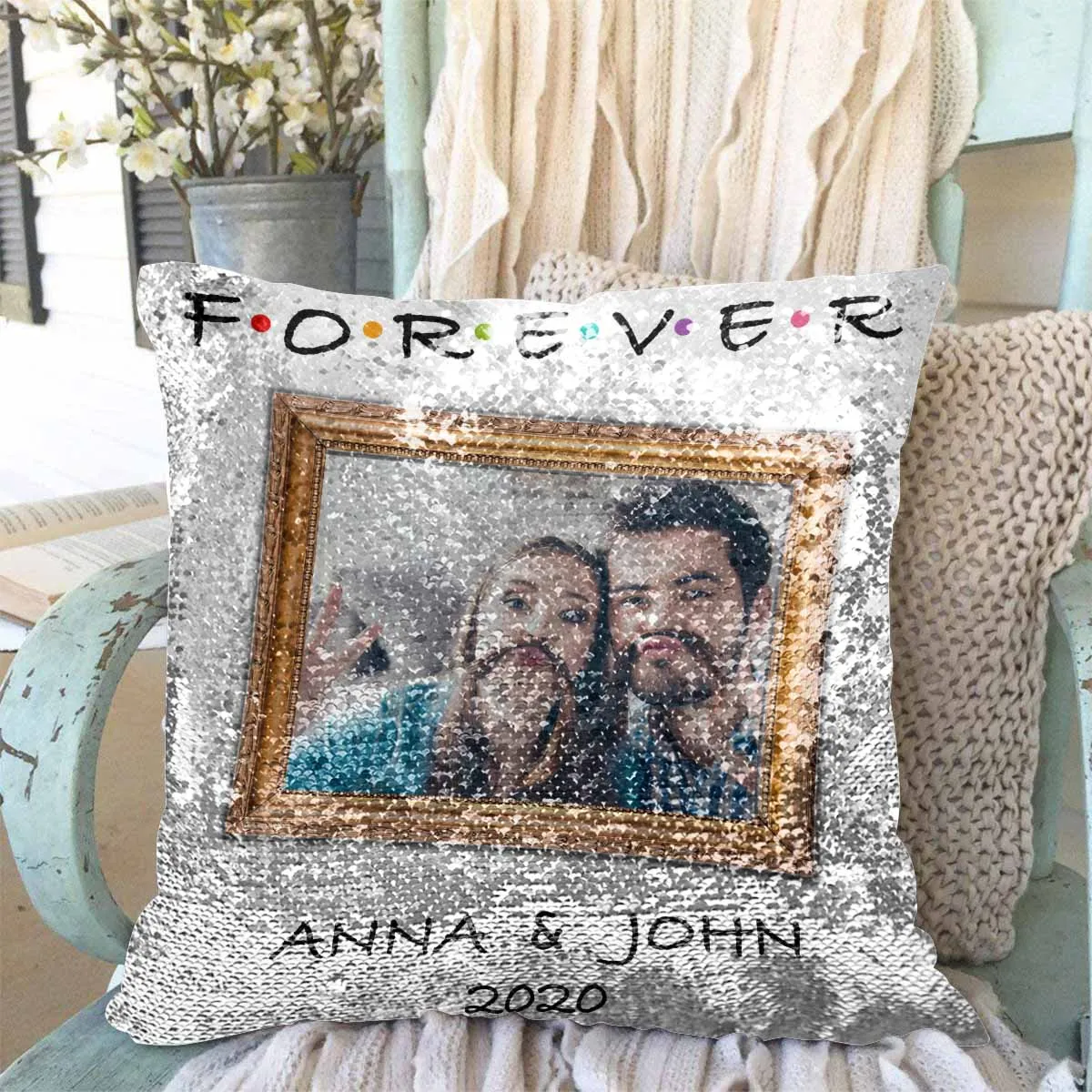 Custom Couple Photo&Name Sequin Pillow Case Personalized Pillow Cover 15.7" x 15.7"