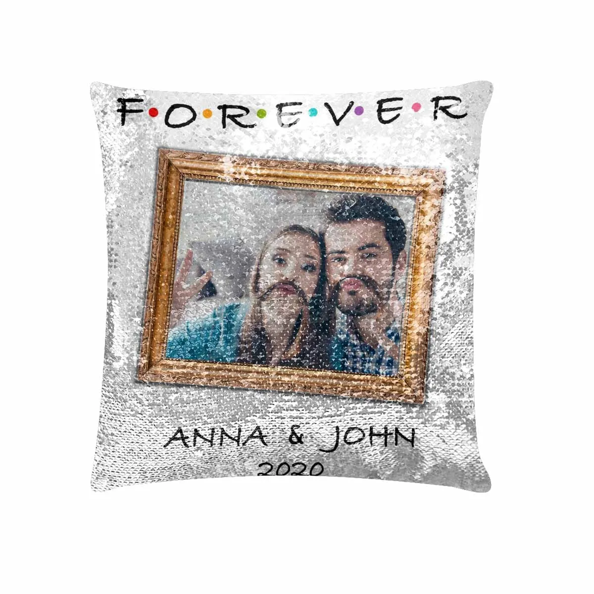 Custom Couple Photo&Name Sequin Pillow Case Personalized Pillow Cover 15.7" x 15.7"