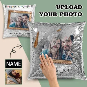 Custom Couple Photo&Name Sequin Pillow Case Personalized Pillow Cover 15.7" x 15.7"