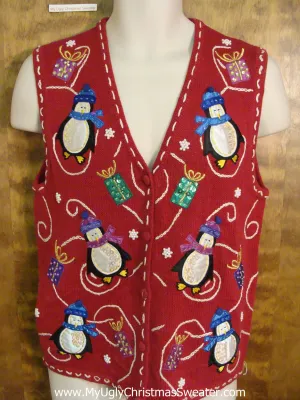 Cute Penguin and Gifts Red Ugliest Christmas Sweater Vest