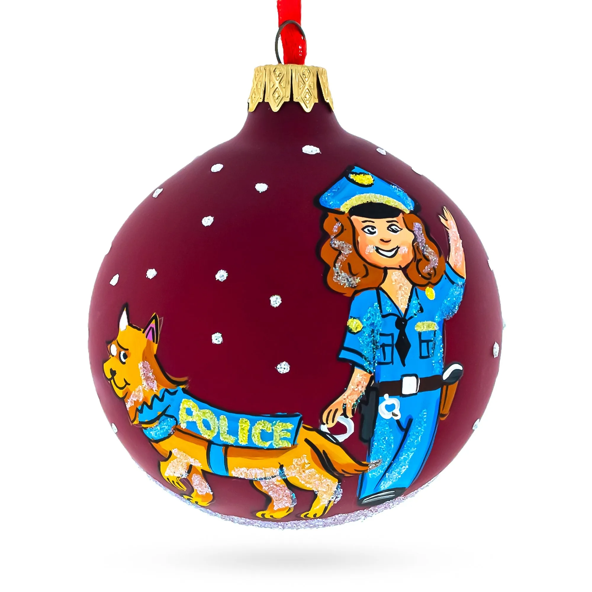 Dedicated K-9 Police Officer With Dog - Blown Glass Ball Christmas Ornament 3.25 Inches