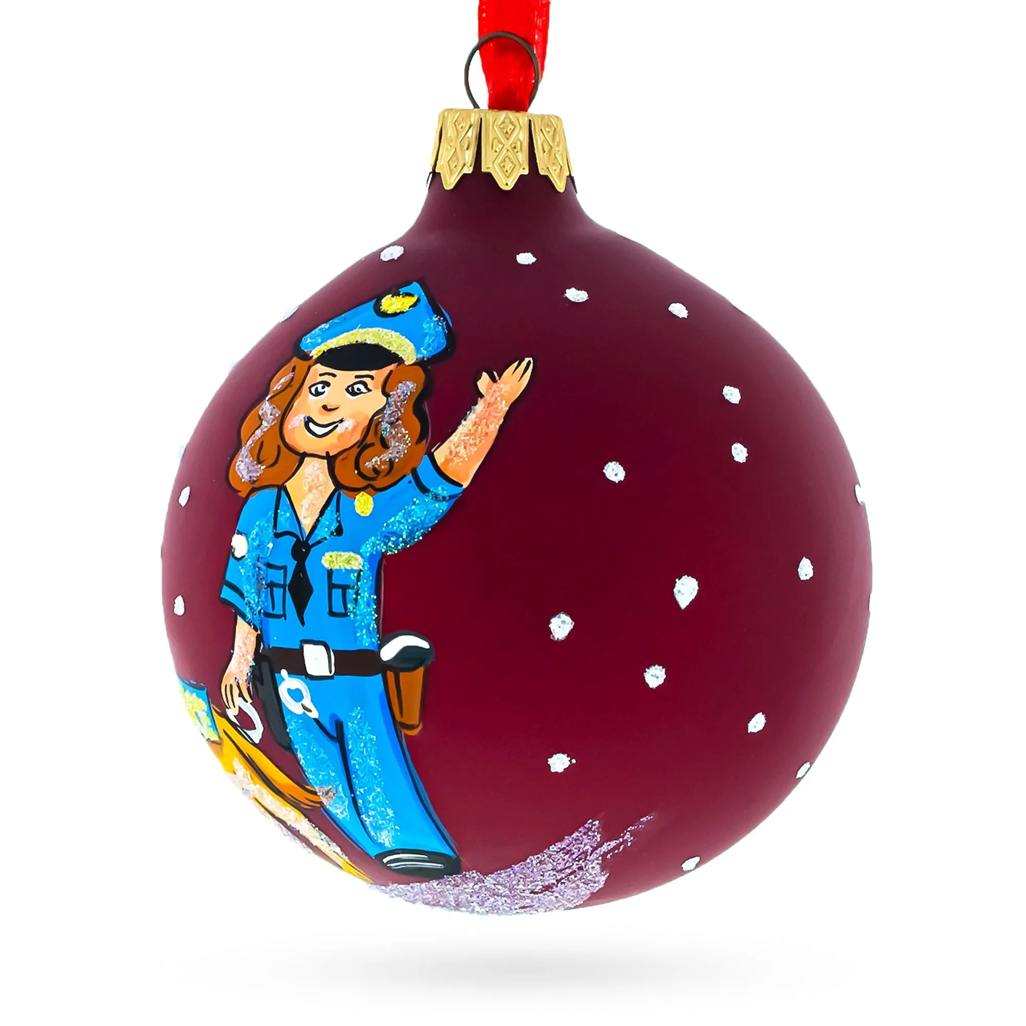 Dedicated K-9 Police Officer With Dog - Blown Glass Ball Christmas Ornament 3.25 Inches