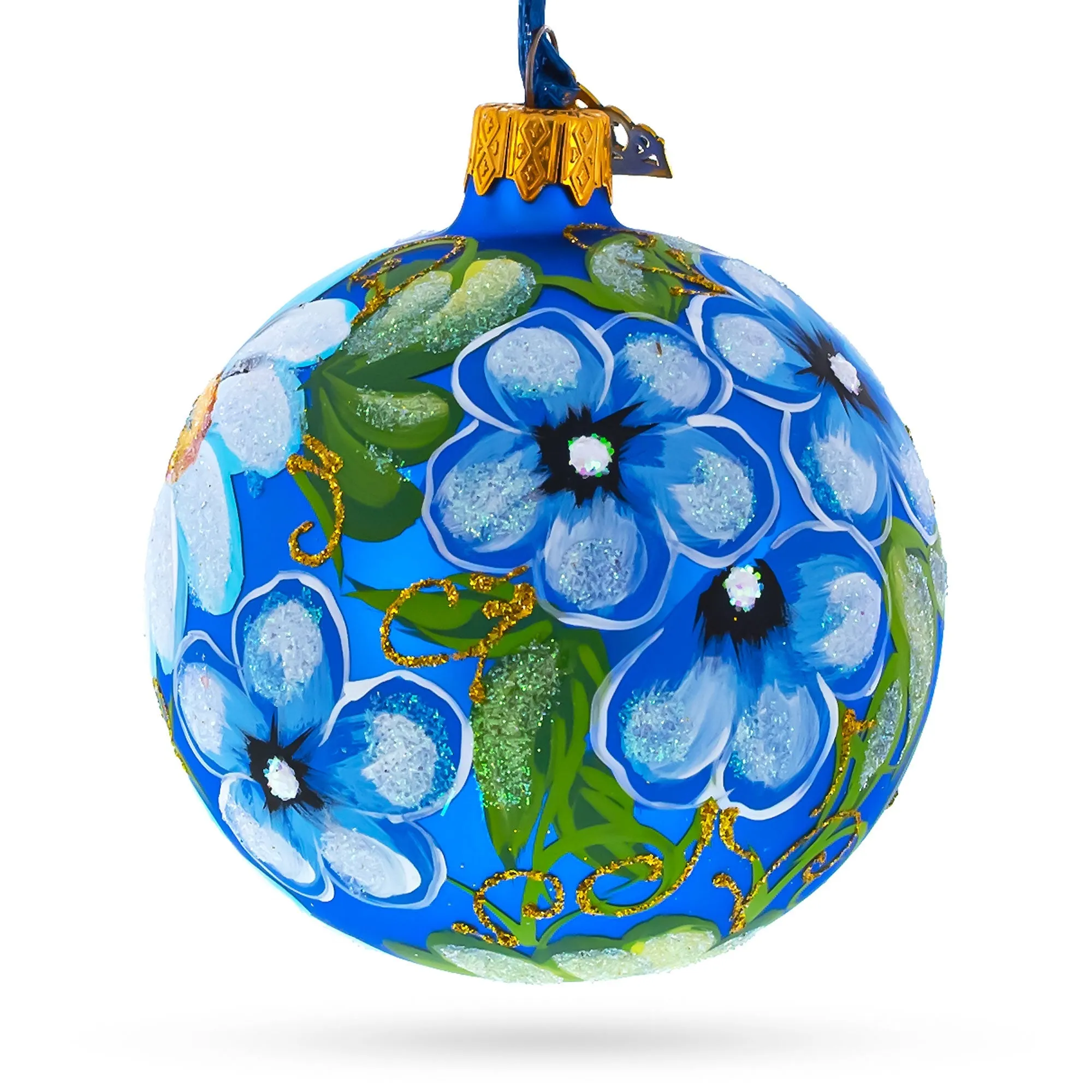 Delightful Daisy Flowers On Blue Blown Glass Ball Christmas Ornament 3.25 Inches