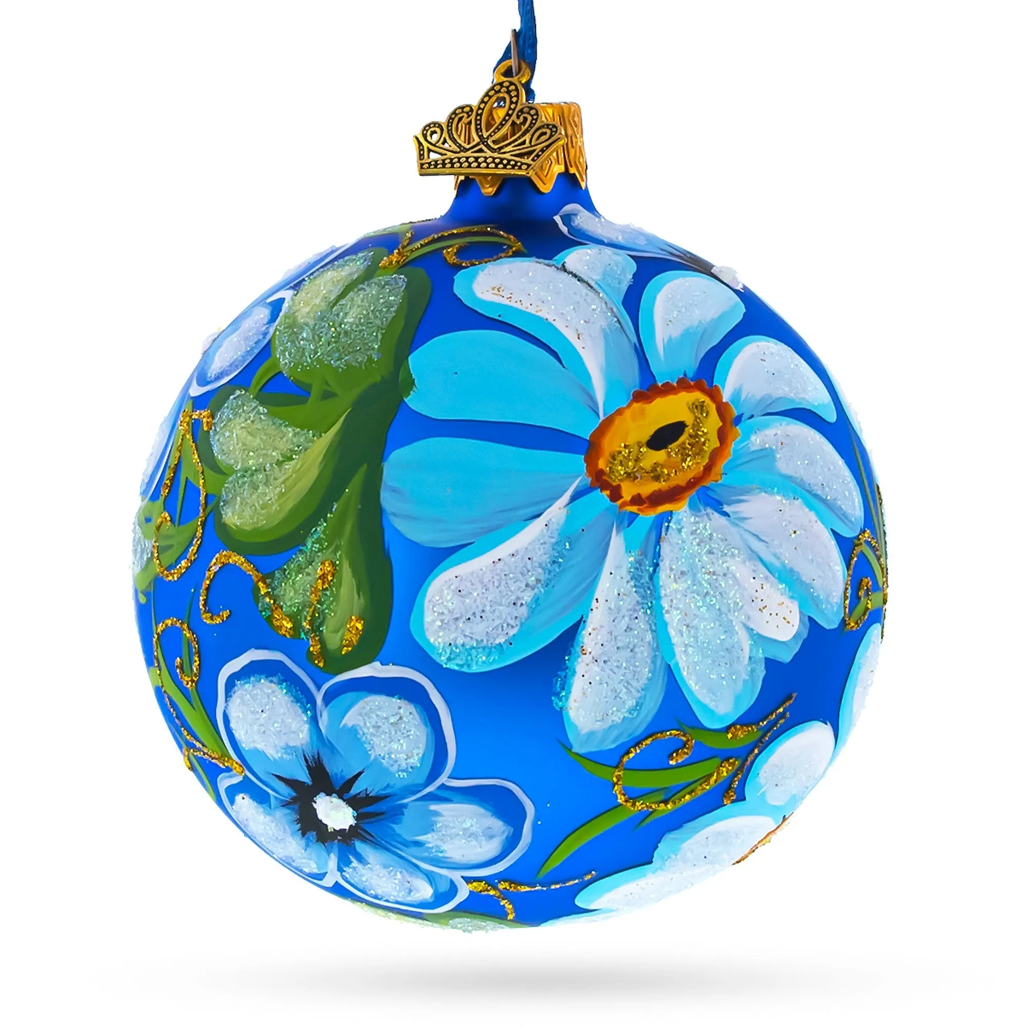 Delightful Daisy Flowers On Blue Blown Glass Ball Christmas Ornament 3.25 Inches