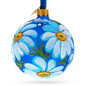 Delightful Daisy Flowers On Blue Blown Glass Ball Christmas Ornament 3.25 Inches