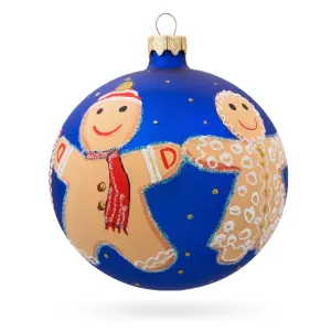 Delightful Gingerbread Family With Candy Cane Blown Glass Ball Christmas Ornament 4 Inches