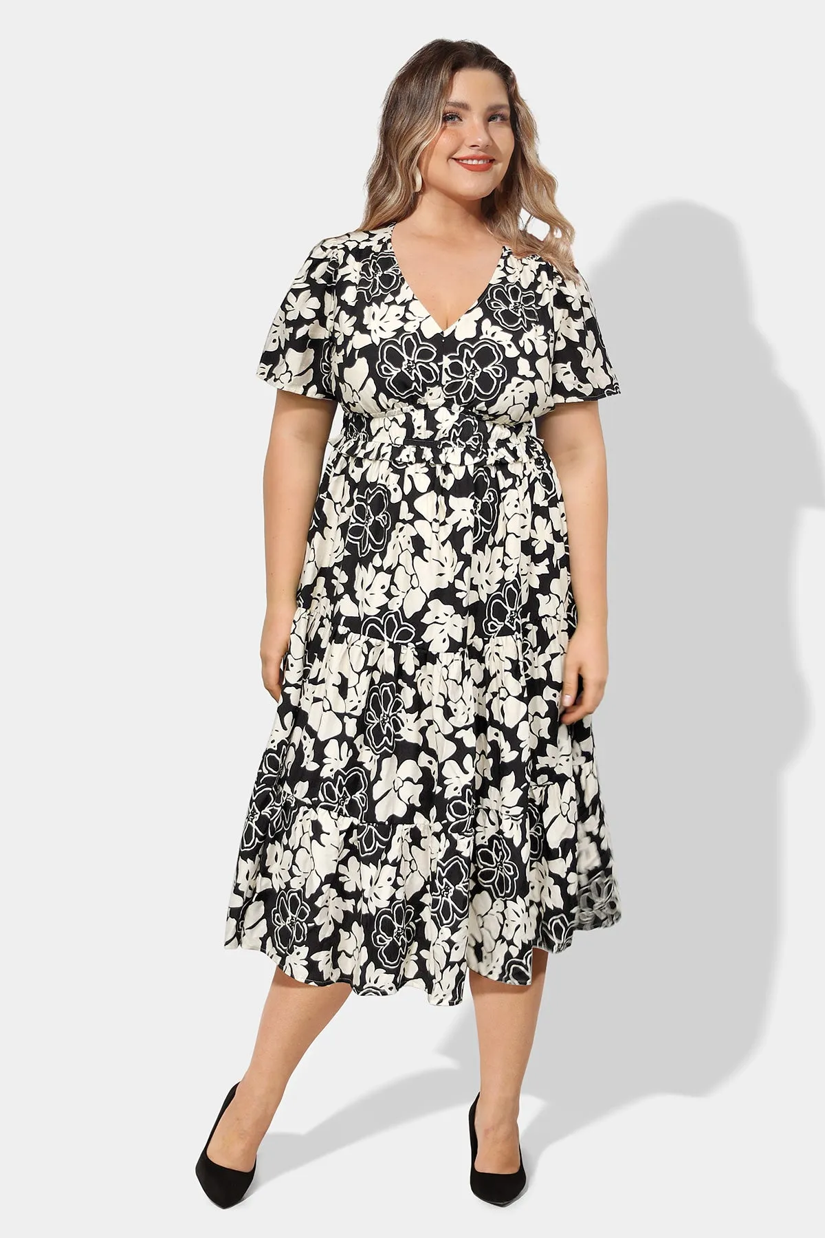 Elasticated Waist Floral Print Shirred Midi Dress