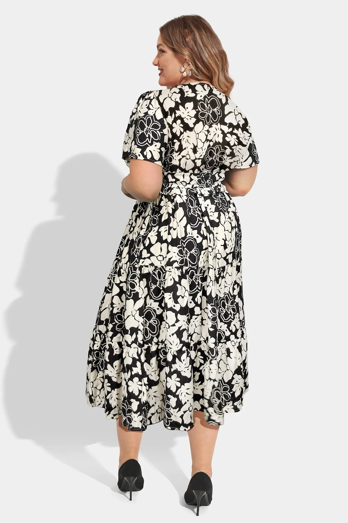 Elasticated Waist Floral Print Shirred Midi Dress