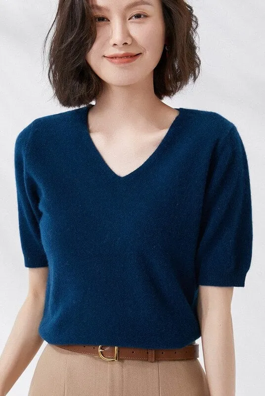 Elegant V-Neck Knit Half Sleeve Sweater